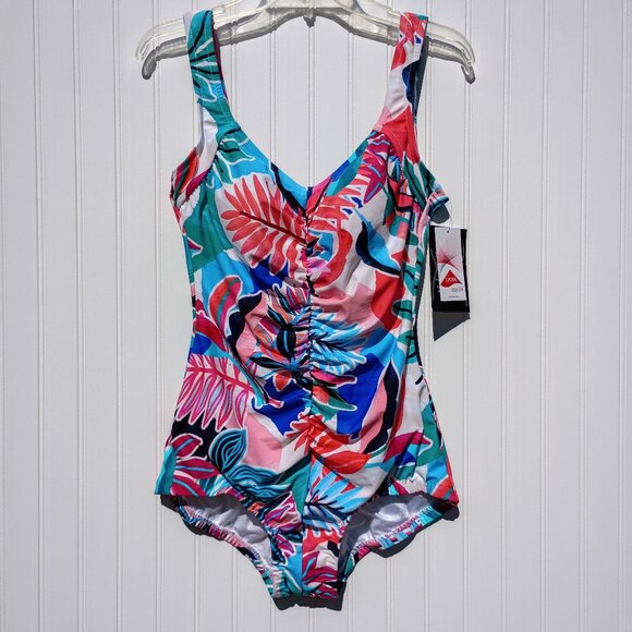 Maxine of Hollywood Swimsuit Womens 12 Tropical Abstraction Shirred Ruched NWT - Picture 1 of 12